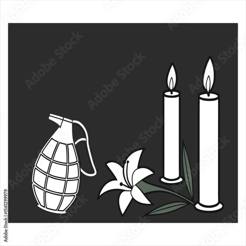 Symbolic representation of peace and remembrance with grenade and candles