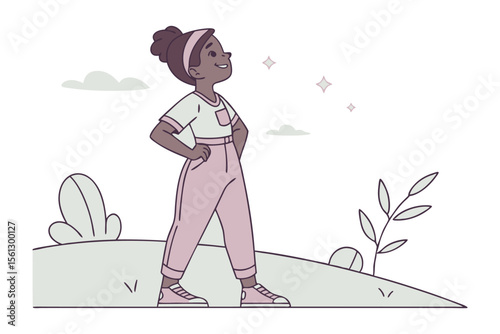Dreaming Little Girl: A little girl, full of dreams, stands tall outdoors and gazes at the shining stars, symbolizing aspirations and limitless imagination. Capturing the essence of her dreams