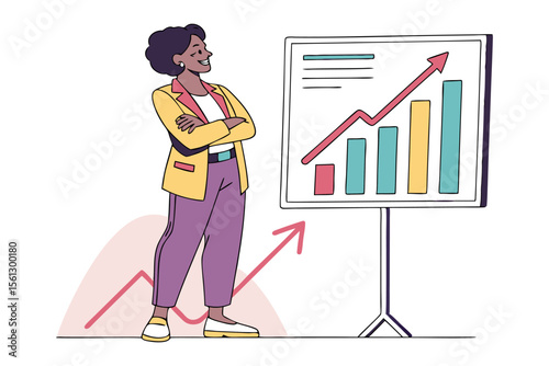 Confident businesswoman with arms crossed presents a successful upward trending bar graph on a whiteboard indicating growth and achievement