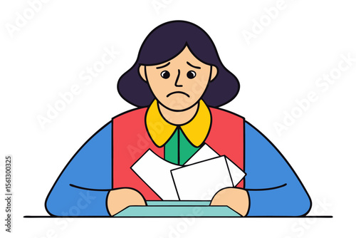 Sad cartoon woman with dark hair and colorful clothing holding papers looking worried