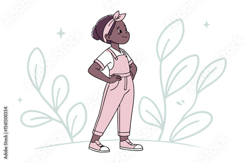 Confident Child's Vision: A determined child stands with her hands on her hips, confidently looking into the future. A symbol of empowerment and self-assurance in the realm of dreams.