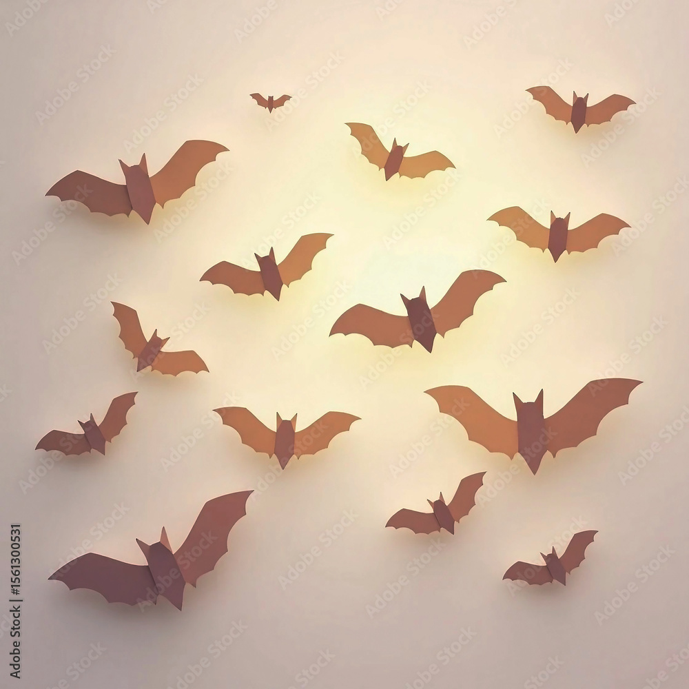 Fototapeta premium Halloween Paper Bats Flying on Wall – Spooky DIY Decoration with Warm Lighting