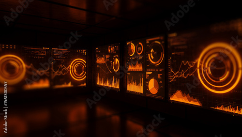 Multiple screens display data visualizations with orange illumination in a dark room.