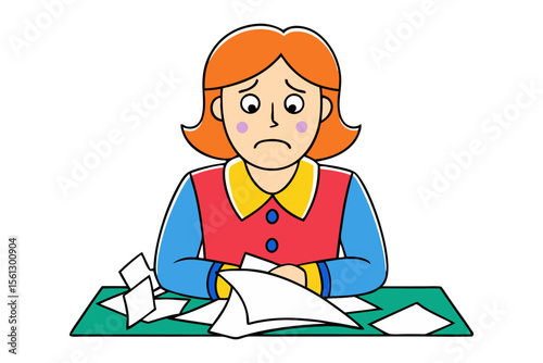 Frustrated cartoon woman with orange hair sitting at a desk surrounded by scattered papers looking overwhelmed by her work