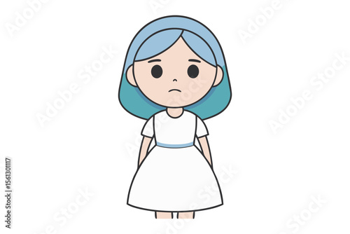 Sadness and Melancholy: An adorable cartoon character, adorned with blue hair and a white dress, exudes an aura of sadness, captured in a simple yet evocative artistic rendering