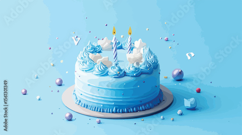 Blue Birthday Cake Flat Vector Illustration - Celebration Dessert Design