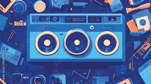 Blue Boom Box Flat Vector Illustration Centered