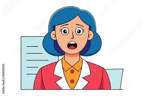 Cartoon woman with bright blue hair and a shocked expression wearing a red blazer and orange shirt with documents in the background