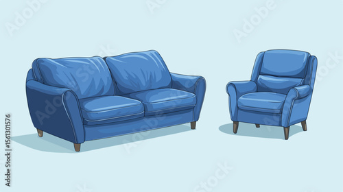 Modern Blue Couch and Chair in Room Flat Vector Illustration
