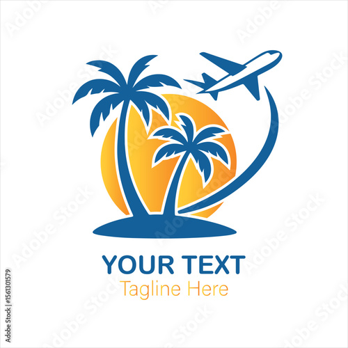 Tropical travel icon with airplane palm trees sun vacation vector