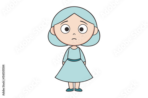 Sad Girl Cartoon Character: A gentle illustration captures a sweet cartoon girl in a moment of introspection, her facial expression and posture reflect a sense of melancholy. 