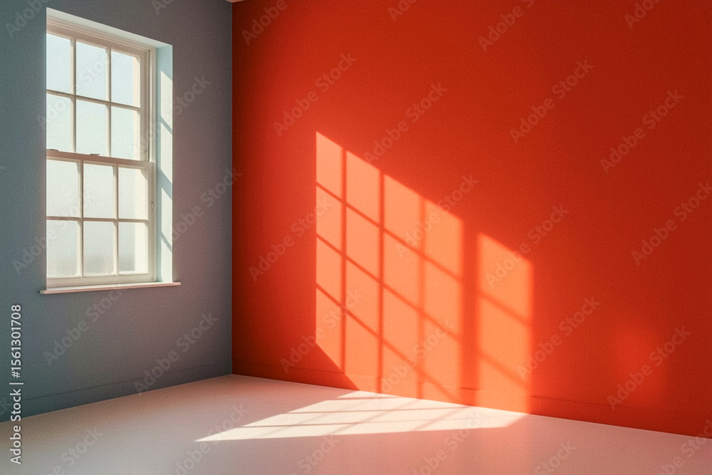 Obraz premium An empty room features a window on a cool blue wall with bright sunlight creating a distinct grid shadow pattern on the adjacent vibrant orange wall