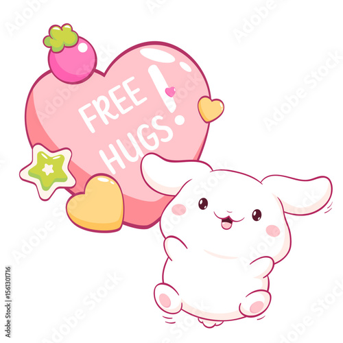 Free hug. Friendly little bunny is in a hurry to hug you. Adorable kawaii pet is just waiting for a hug. Vector poster for nursery, greeting card, print, banner for home interior, kid t-shirt