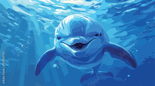 Smiling Happy Blue Dolphin Flat Vector Illustration