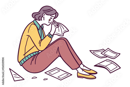 A woman sits on the floor overwhelmed and crying into a tissue surrounded by scattered papers and documents symbolizing stress and despair