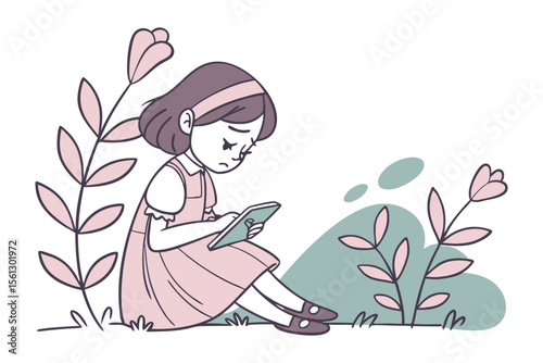 Solitary Reading: A young girl engrossed in her tablet, nestled amidst delicate floral details, captures the essence of focused attention and quiet contemplation.