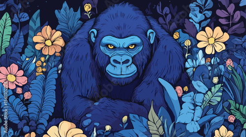 Blue Gorilla Animal Cartoon Doodle in Color Flat Style