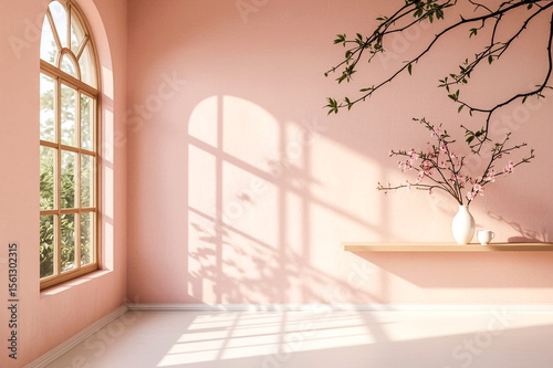 A tranquil room bathed in soft light from an arched window Dappled shadows play on the pink walls complementing a white vase with pink blossoms and a small cup on a wooden shelf