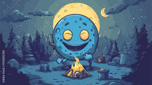 Blue Moon Camping Mascot Cartoon Vector