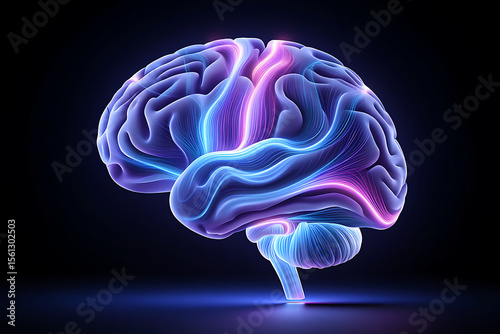 Abstract glowing human brain with colorful neural pathways and connections on a dark background