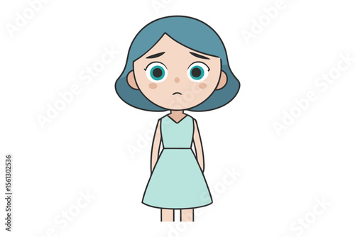 Anxious young woman: An animated illustration of a young woman with teal-colored hair and dress, gazing forward, conveying a sense of concern.