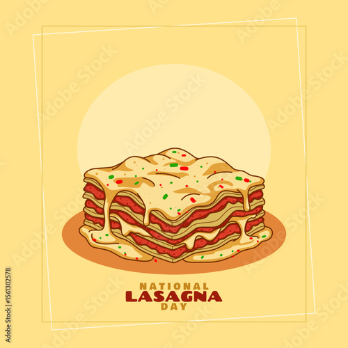 National Lasagna Day to celebrate on July 29th. A plate of delicious lasagna with melted cheese, cheese and meat filling on beige background. Food event background.