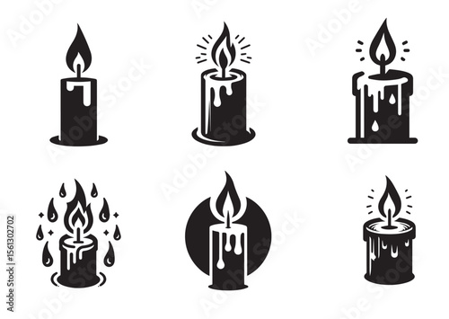 Candle Flame Light Burning Wax Silhouette Vector Illustration Set