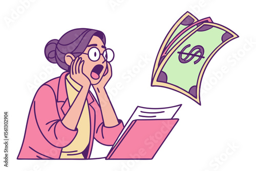 Shocked woman in glasses reacts to flying money bills while holding financial documents in a folder
