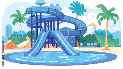Vibrant Blue Slide Water Park Flat Vector Illustration