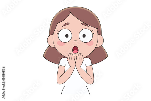 Surprised Young Woman: A vibrant illustration captures a young woman with wide, surprised eyes, her hands pressed to her cheeks in a moment of astonishment or shock.
