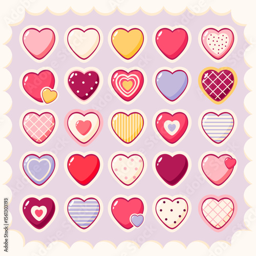 Set of stickers in kawaii style. Cute eye-catching tag, label with heart. Collection of cozy heart-shaped sticker. Can be used for t-shirt print, sticker, greeting card. Vector illustration EPS8