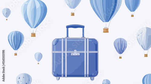 Travel Concept with Blue Suitcase and Air Balloons in Flat Vector Design