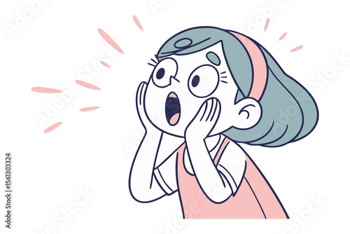Surprised Young Lady Illustration: A captivating illustration of a young lady with wide eyes, hands at her cheeks, radiating surprise, perfect for conveying a range of emotions.