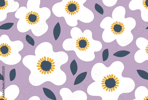 White Floral Seamless Pattern, Elegant Botanical Design on Lavender Background, Suitable for Fashion, Fabric, Wallpaper and Print