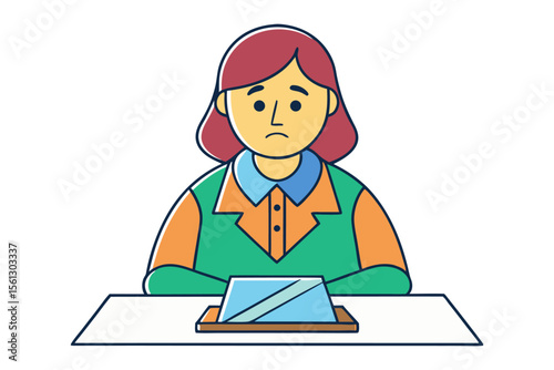 Sad woman sitting at desk with laptop looking unhappy and discouraged in a modern flat illustration style