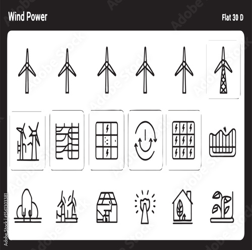 A collection of wind power and renewable energy icons displayed on white square buttons on gray background