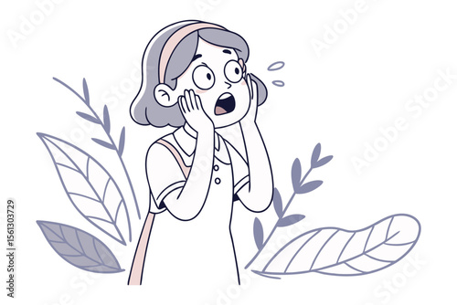 Shock and Awe: A young girl's wide eyes and expression capture raw, unadulterated surprise amidst the delicate outline of surrounding foliage. This vector illustration is full of emotion.