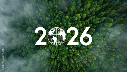 Aerial View of Lush Forest with 2026 and Earth Graphic