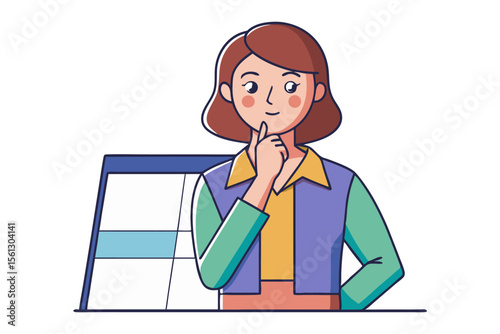 A thoughtful woman with her finger on her chin stands next to a calendar contemplating her schedule and planning