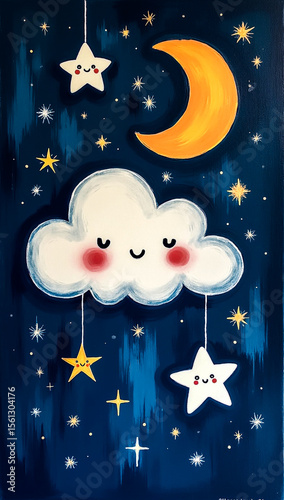 A charming acrylic painting depicts a dark blue night sky filled with stars A smiling white cloud with rosy cheeks hangs in the center with two stars suspended below it