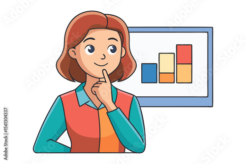 Thoughtful businesswoman with finger on chin contemplating a colorful bar graph displayed on a screen symbolizing analysis and strategy