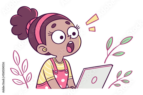 Girl's Astonishment: A charming illustration portrays a surprised girl, her eyes wide with wonder as she engages with her laptop, surrounded by leafy details, capturing the spirit of discovery.