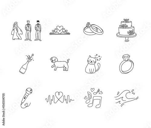 A hand-drawn vector icon set featuring over wedding-themed illustrations in clean black line art.