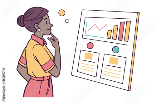 Thoughtful woman analyzing business growth charts and data reports on a whiteboard contemplating future strategies and planning