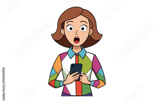 Surprised woman holding smartphone with wide eyes and open mouth reacting to shocking news or content