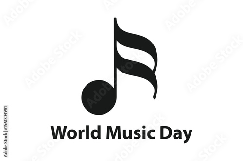A minimalist black and white logotype for "World Music Day" featuring a stylized music note silhouette.