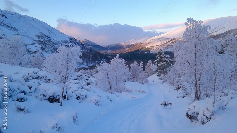Panoramic winter scene snow-covered path descends into a frost-laden valley, mountains and a serene sky in the backdrop Panoramic winter scene snow-covered path descends into a frost-laden valley, mountains and a serene sky in the backdrop