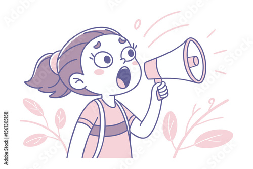 Girl with Megaphone: An illustration shows a young girl with a megaphone, speaking loudly with surprised expression. A call to action and her attention-grabbing appeal. 