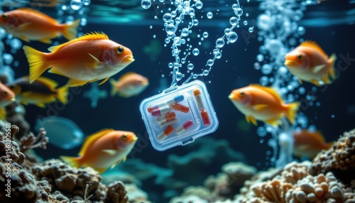 a pill holder submerged in an aquarium, surrounded by curious fish, bubbles rising, underwater lighting, surreal juxtaposition of medicine and marine life
