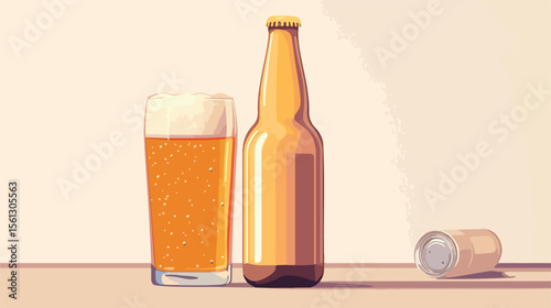 Modern Beverage Design with Bottle and Beer Glass Flat Vector